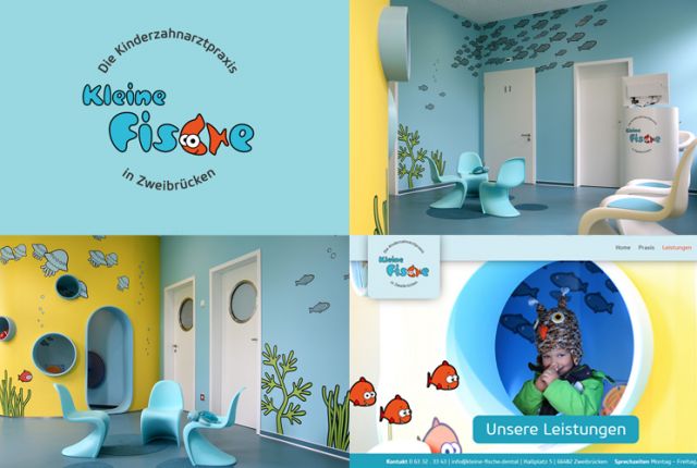 Gestaltung für die Kinderzahnarztpraxis mit Raumgestaltung und Wandillustrationen